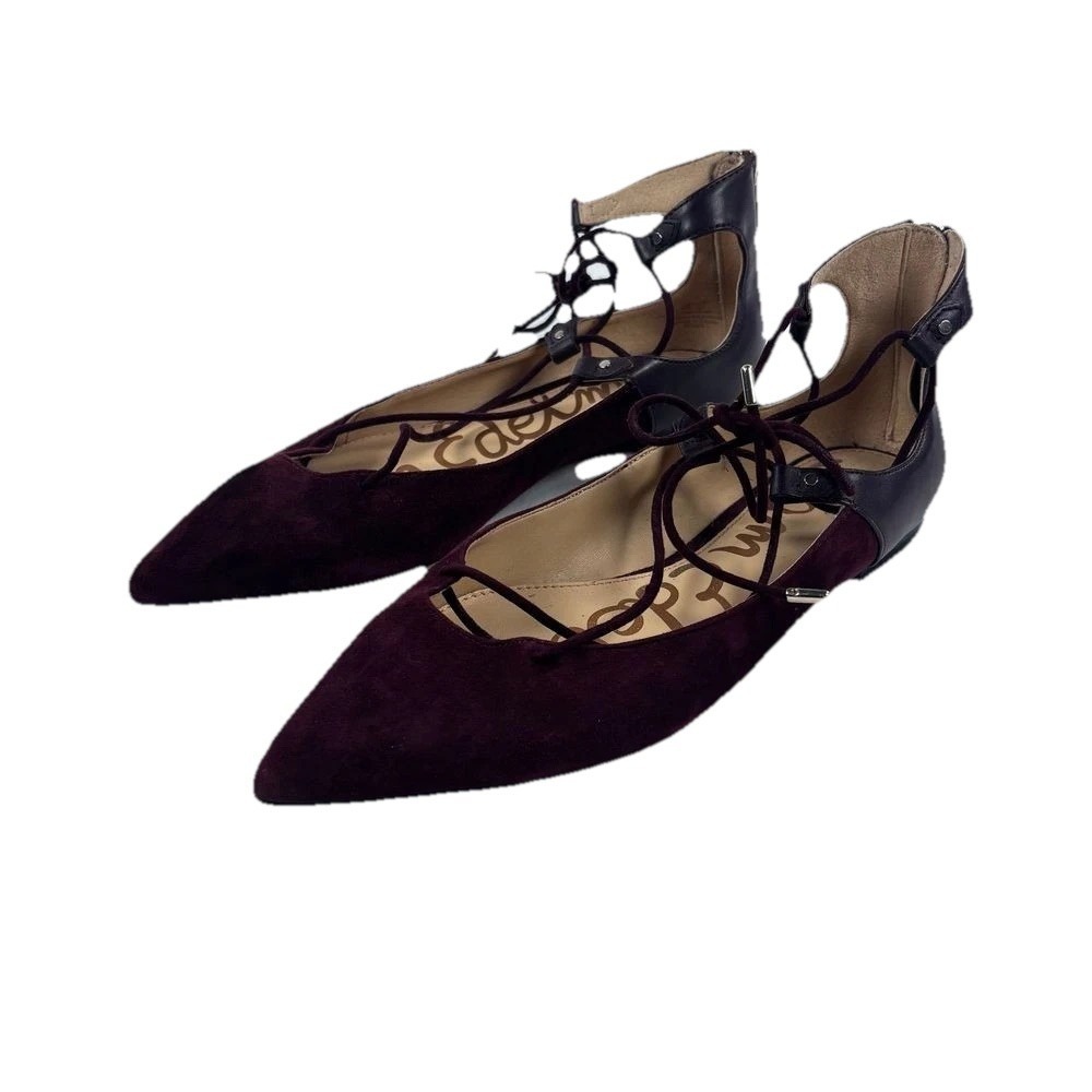 Sam Edelman Burgundy and Black Suede Pointed Lace-Up Flats